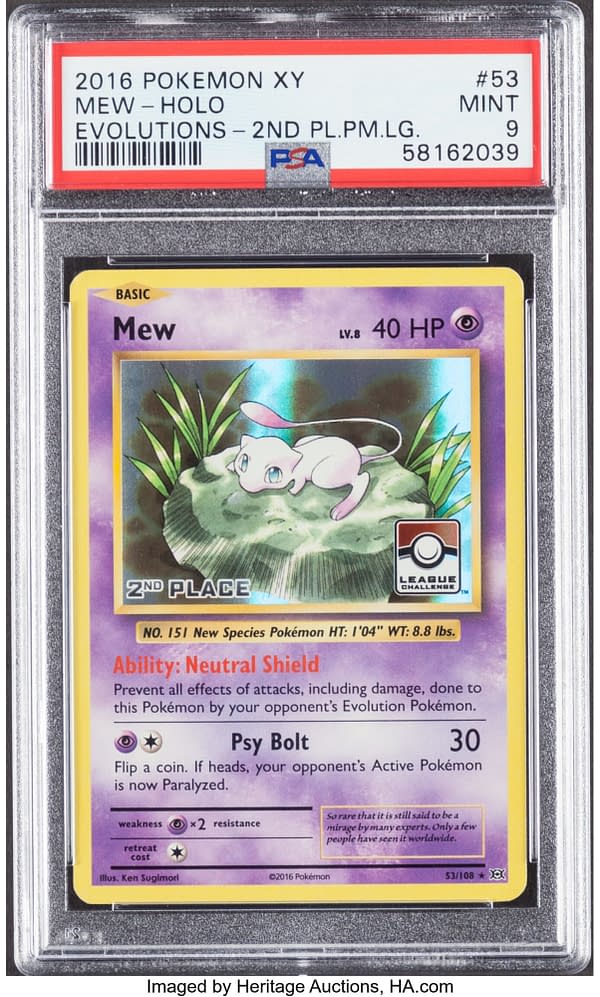 The front face of the League Challenge promo copy of Mew from XY Evolutions, an expansion set for the Pokémon TCG. Currently available at auction on Heritage Auctions' website.