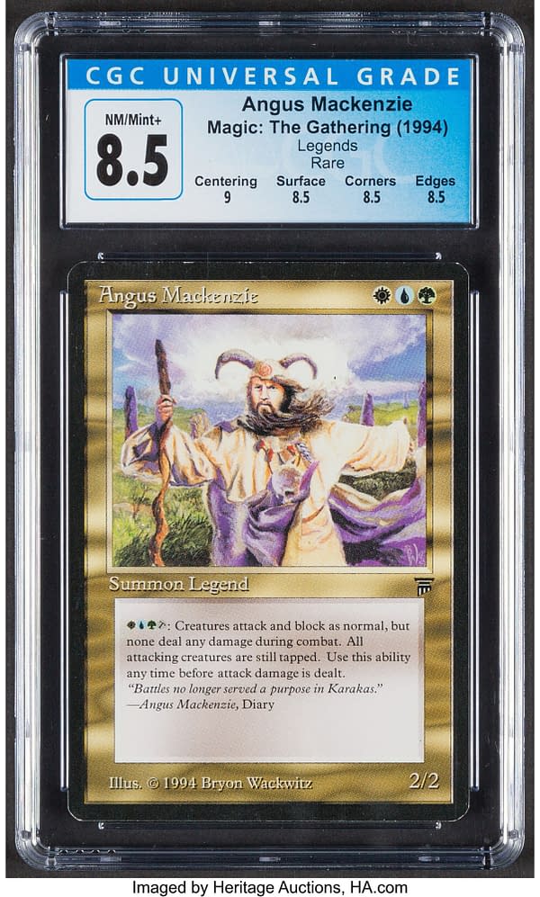 The front face of the graded copy of Angus Mackenzie, a card from Legends, an expansion for Magic: The Gathering. Currently available at auction on Heritage Auctions' website.