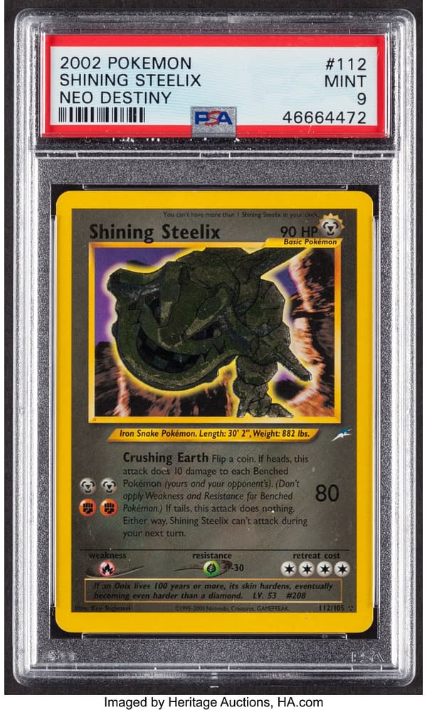 The front face of the graded copy of Shining Steelix from the Neo Destiny expansion set for the Pokémon TCG. This card is currently available at auction on Heritage Auctions' website.