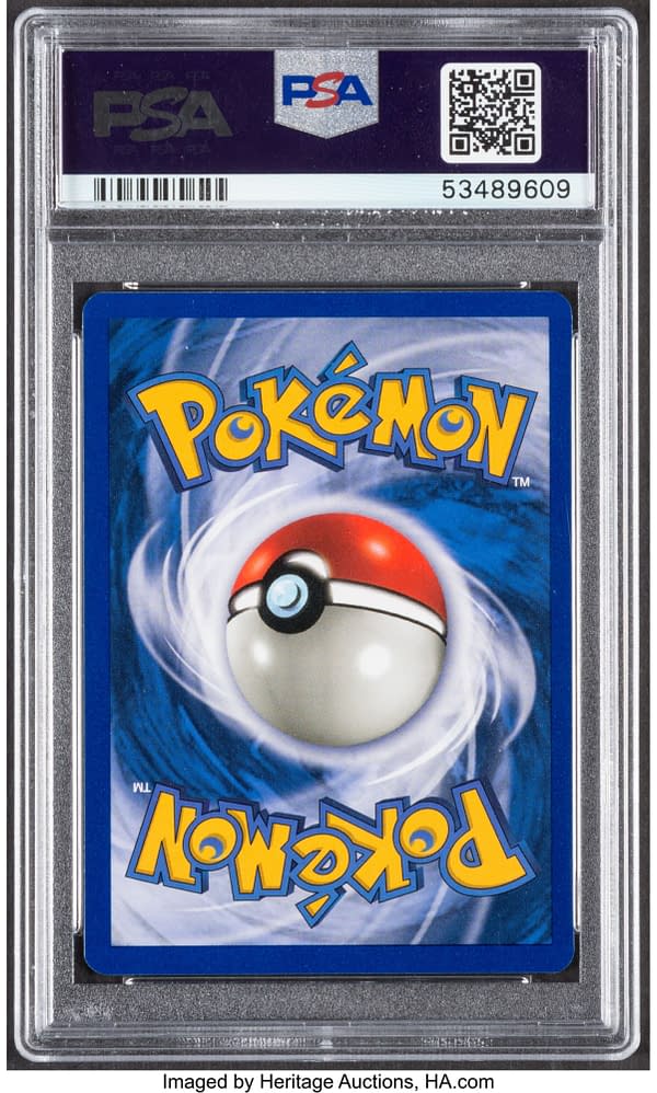 The back face of the Gem Mint graded copy of Pikachu with yellow cheeks, from the Pokémon TCG. Currently available at auction on Heritage Auctions' website.