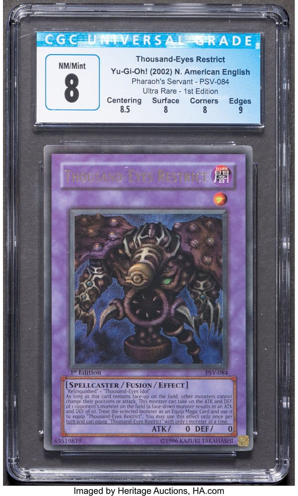 The front face of the graded Ultra Rare copy of Thousand-Eyes Restrict from Pharaoh's Servant, an expansion set for the Yu-Gi-Oh! trading card game. Currently available at auction on Heritage Auctions' website.