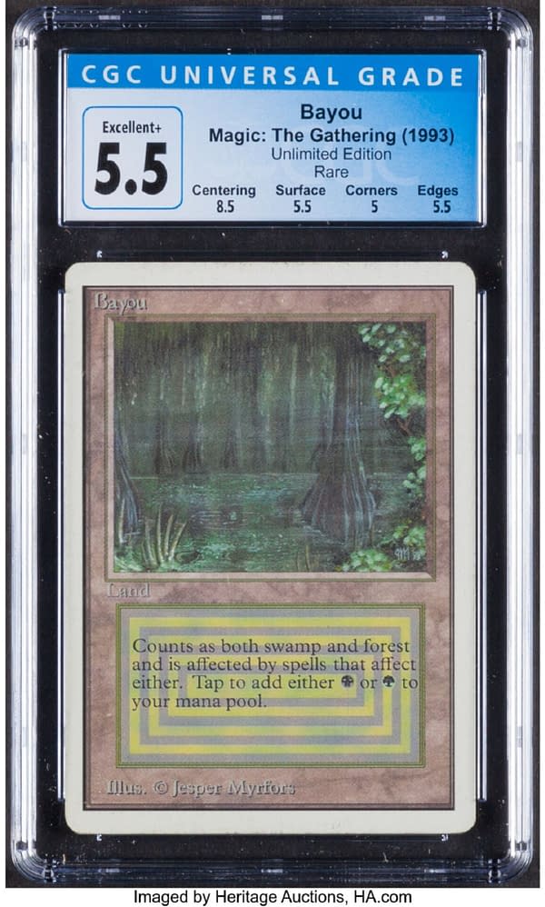 The front face of the graded copy of Bayou from Unlimited Edition, one of the oldest core sets for Magic: The Gathering. Currently available at auction on Heritage Auctions' website.