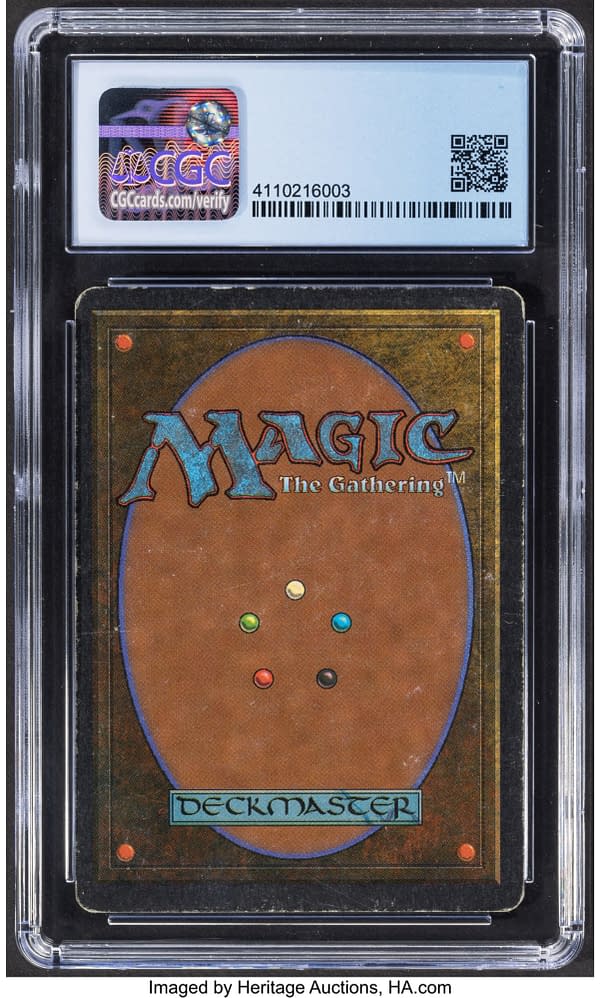 The back face of the graded copy of Mishra's Workshop, a card from Antiquities, an early expansion set for Magic: The Gathering. Currently available at auction on Heritage Auctions' website.