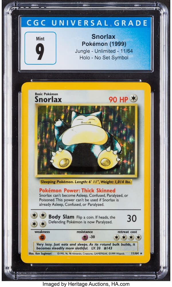 The front face of the "no set symbol" copy of Snorlax from the Jungle expansion set of the Pokémon TCG. Currently available at auction on Heritage Auctions' website.