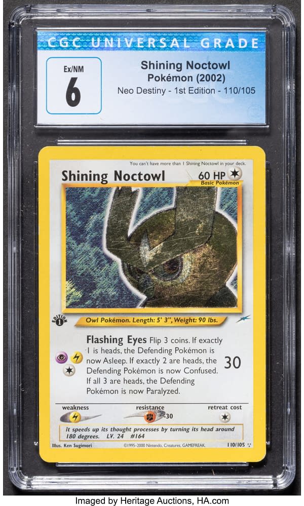 The front face of the graded Shining Noctowl card from Neo Destiny, an expansion set for the Pokémon TCG. Currently available at auction on Heritage Auctions' website.