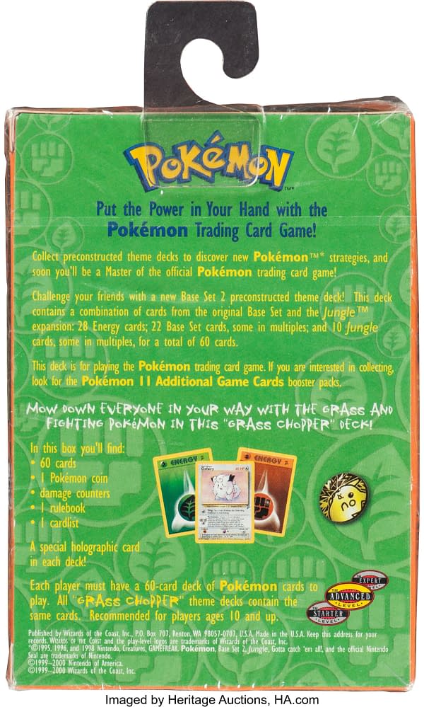The back face of the Grass Chopper theme deck from Base Set 2 of the Pokémon TCG. Currently available at auction on Heritage Auctions' website.