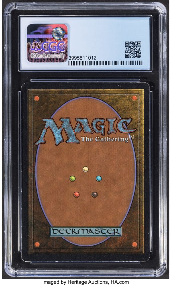 The back face of the graded copy of Raging River, a card from Unlimited Edition, an early core set for Magic: The Gathering. Currently available at auction on Heritage Auctions' website.