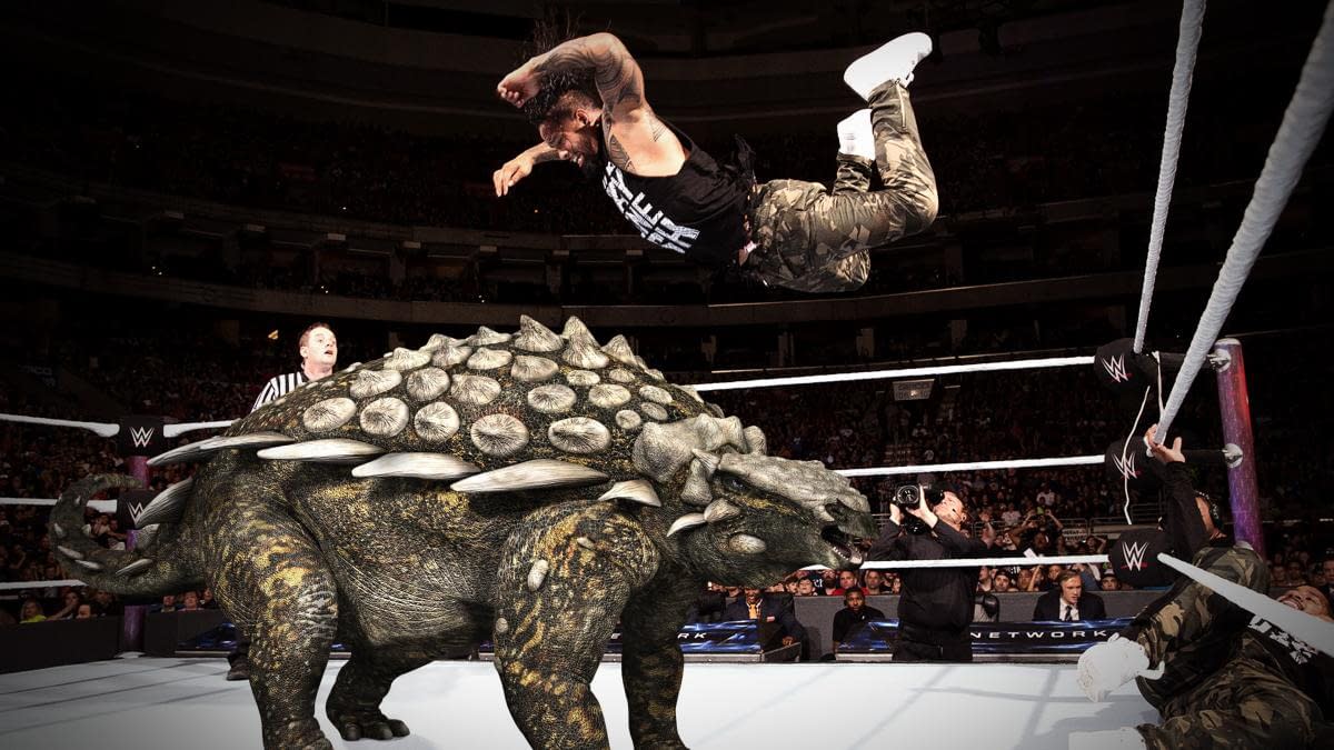 WWE Celebrates Dinosaurs Day With 10 Amazing Photos Of Superstars Wrestling Dinosaurs