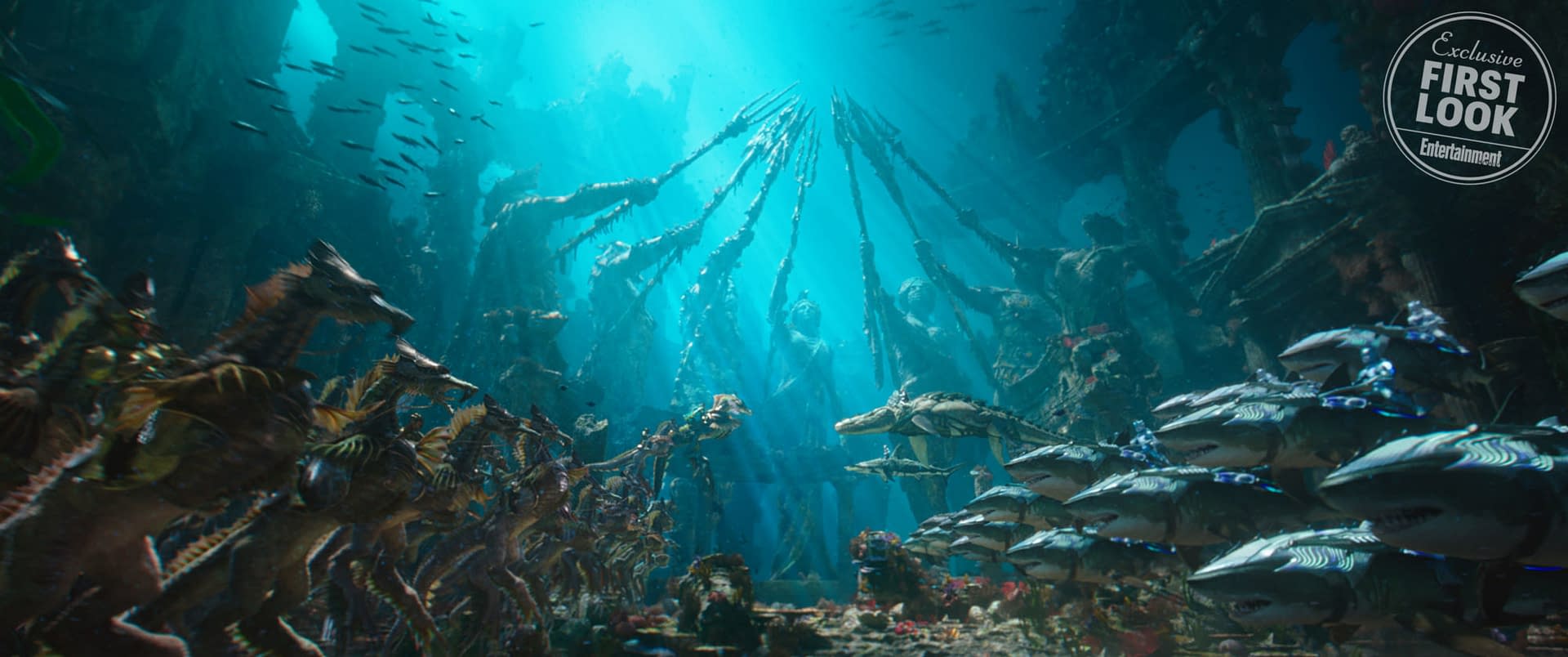 Aquaman Image and Concept Art Show Warriors of Atlantis Riding Sharks