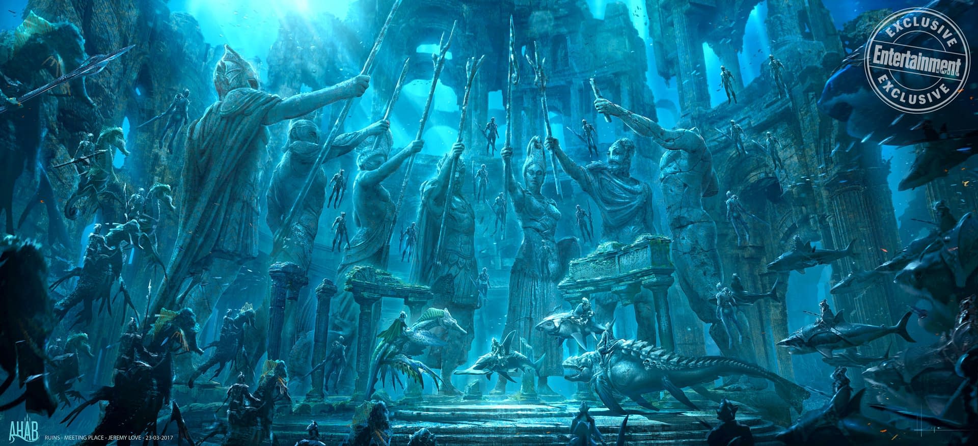 Aquaman Image and Concept Art Show Warriors of Atlantis Riding Sharks