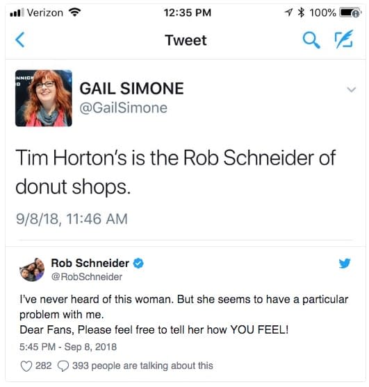 Fanboy Rampage: Rob Schneider Vs. Gail Simone Over Whether Tim Hortons is the Rob Schneider of Donut Shops