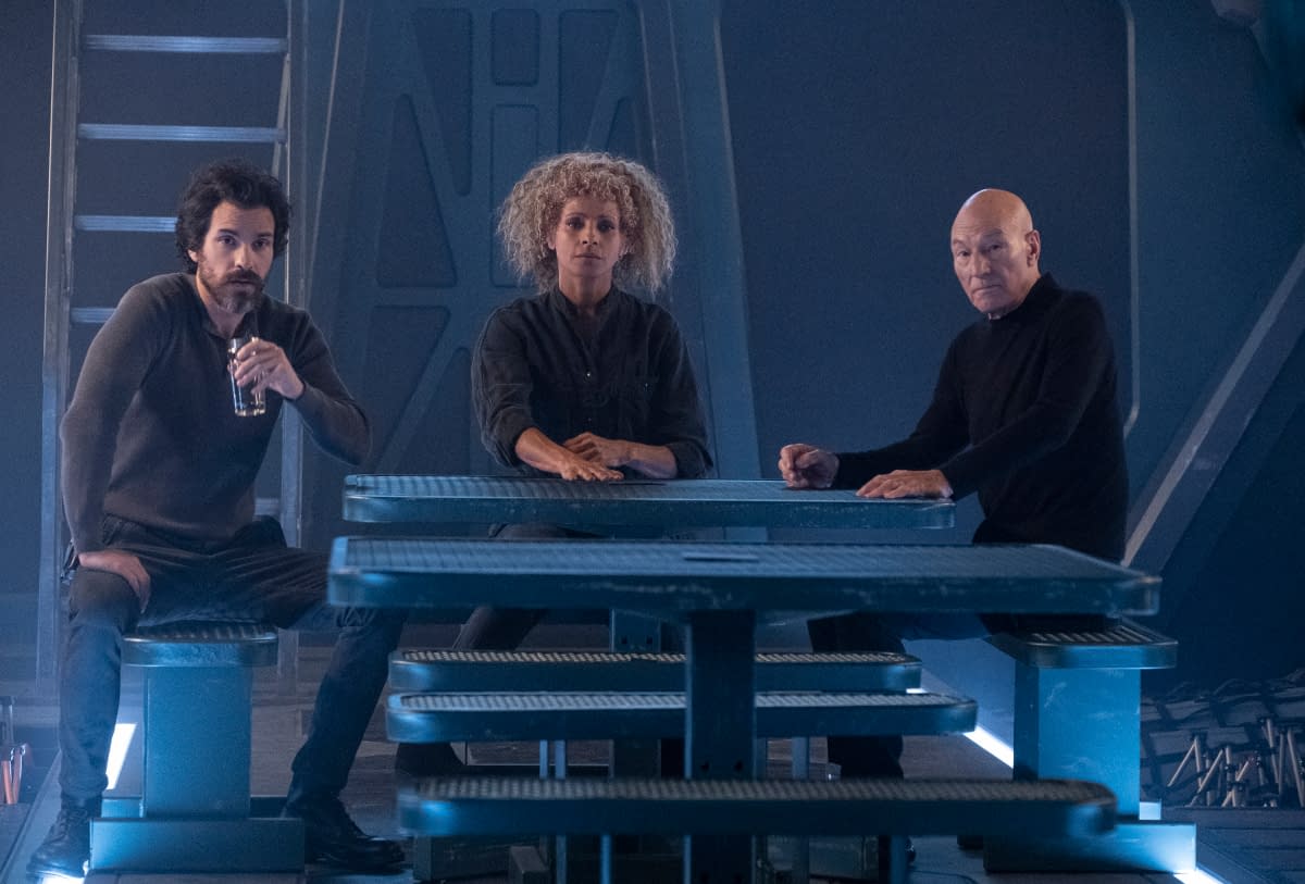 Santiago Cabrera as Crist--bal Rios; Michelle Hurd as Raffi; Sir Patrick Stewart as Jean-Luc Picard of the CBS All Access series STAR TREK: PICARD.