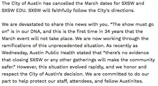 SXSW 2020 Canceled Due to Coronavirus Concerns