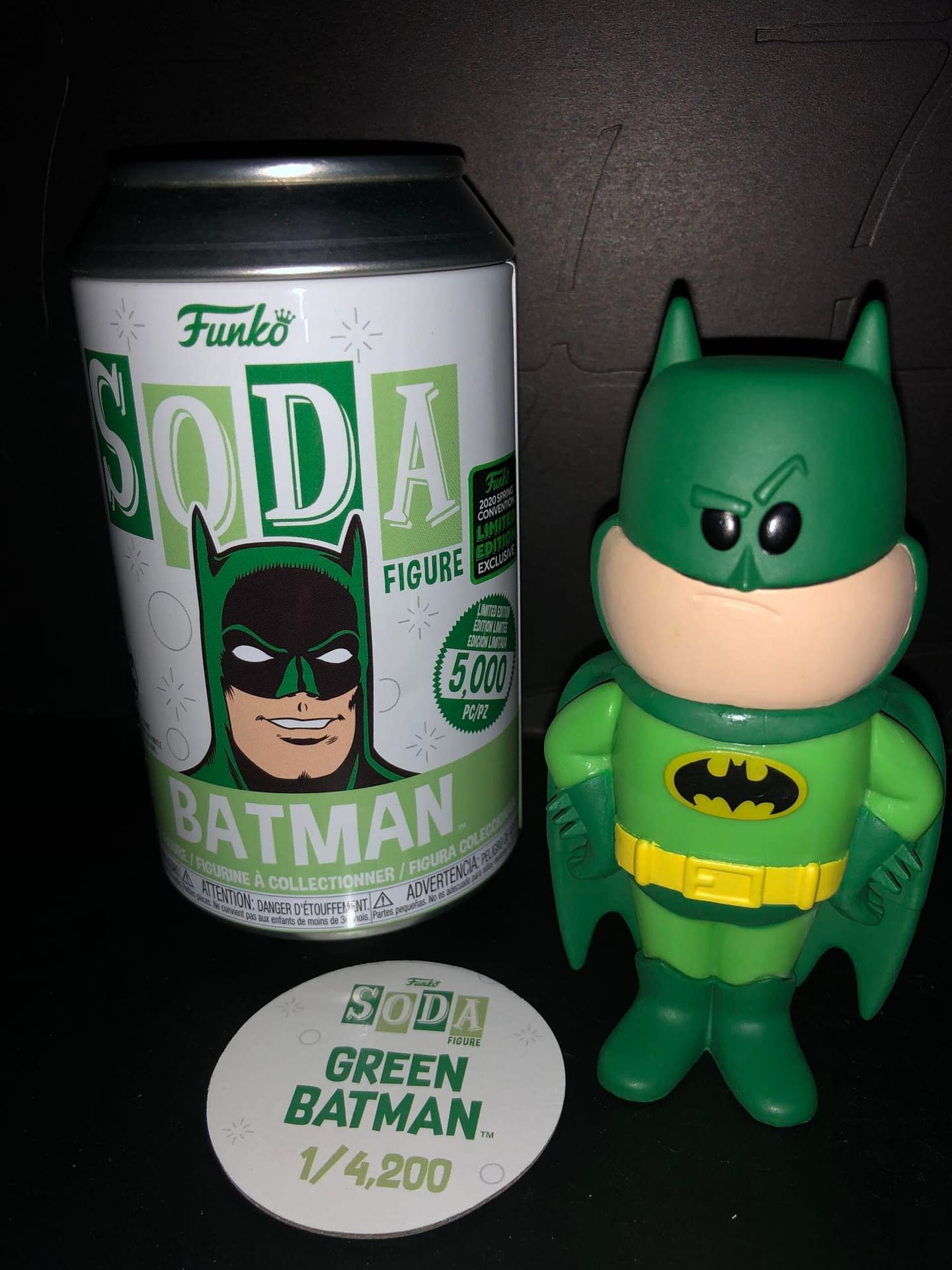 Funko Soda Vinyl Figure Emerald City Comic Con Exclusive Green Batman Figure, view of figure and can.