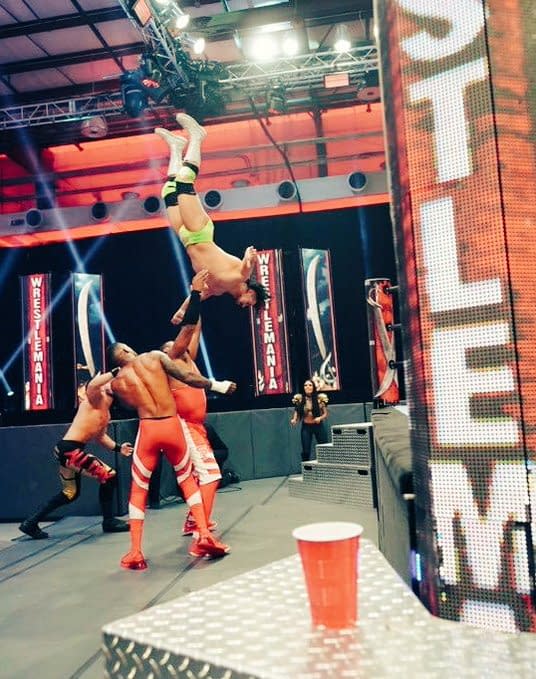 The Street Profits and Angel Garza and Austin Theory in action at WrestleMania 36, photo courtesy of WWE.