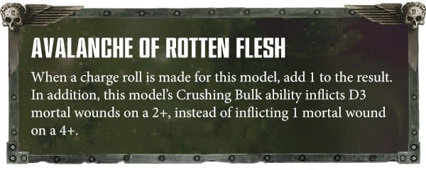 Avalanche of Rotten Flesh, an ability for the Exalted Great Unclean One. Usable in a Nurgle Chaos Daemons army in Warhammer 40,000.