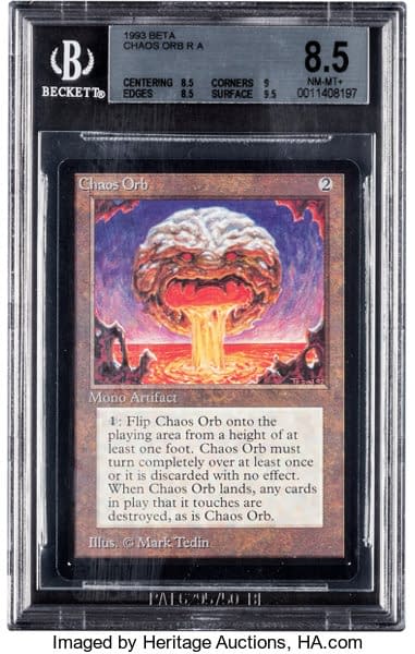 The front face of the graded Near Mint, 8.5-grade Chaos Orb from Magic: The Gathering, presently on auction via Heritage Auctions.