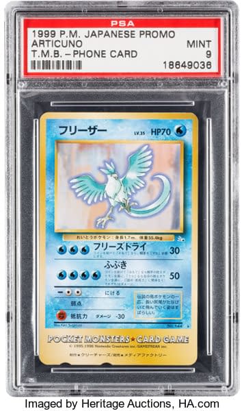 The front face of the mint-graded Tropical Mega Battle Articuno phone card prize from the Pokémon Trading Card Game. This gem of a card is up for auction at Heritage Auctions.