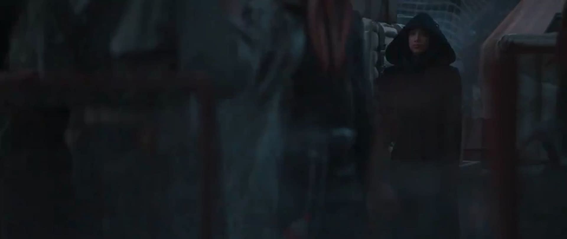 A screencap from The Mandalorian Season 2 trailer featuring Sasha Banks.