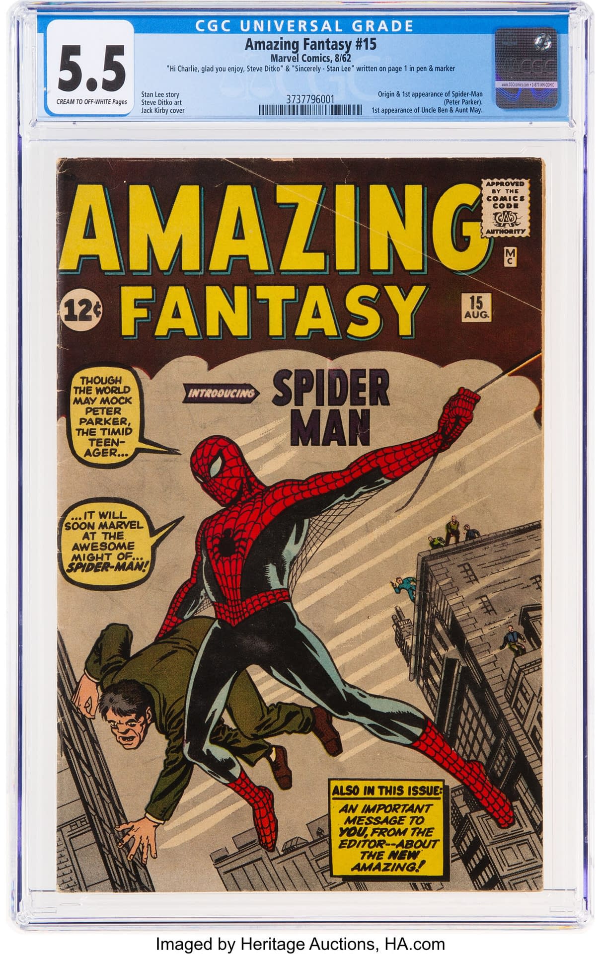 Amazing Fantasy #15 Signed By Stan Lee and Steve Ditko At Auction