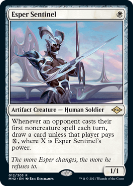 Esper Sentinel, a Magic: The Gathering card from Modern Horizons II that's being reprinted in the digital-only JumpStart: Historic Horizons set.