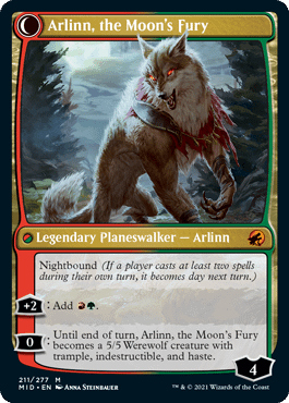Arlinn, the Moon's Fury, the rear face for Arlinn, the Pack's Hope, a card from Magic: The Gathering's next set, Innistrad: Midnight Hunt.