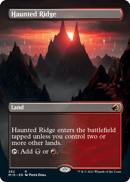 The stunning borderless "Booster Fun" version of Haunted Ridge, another member of the nonbasic, allied-color cycle of lands from Innistrad: Midnight Hunt, a new set for Magic: The Gathering.