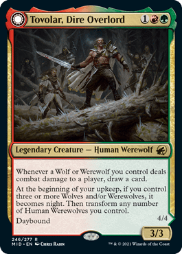 The front face of Tovolar, Dire Overlord, a card from Innistrad: Midnight Hunt, the next upcoming Magic: The Gathering expansion set.