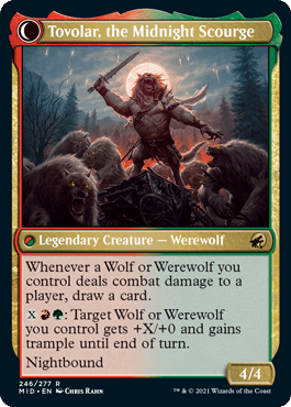 Tovolar, The Midnight Scourge, the back face of Tovolar, Dire Overlord, a card from Innistrad: Midnight Hunt, the next upcoming Magic: The Gathering expansion set.