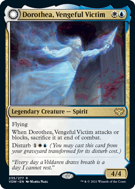 Dorothea, Vengeful Victim, a new card from Innistrad: Crimson Vow, an upcoming set for Magic: The Gathering.