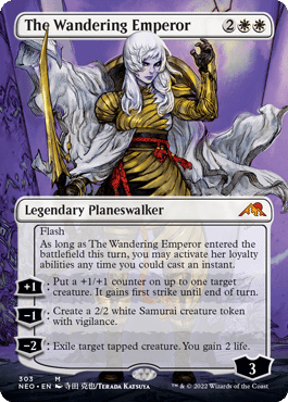 The Borderless showcase version of The Wandering Emperor, a new legendary planeswalker card from Kamigawa: Neon Dynasty, the next upcoming expansion set for Magic: The Gathering.