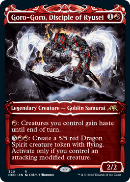 The Samurai showcase version of Goro-Goro, Disciple of Ryusei, a new legendary creature card from Kamigawa: Neon Dynasty, the next upcoming expansion set for Magic: The Gathering.