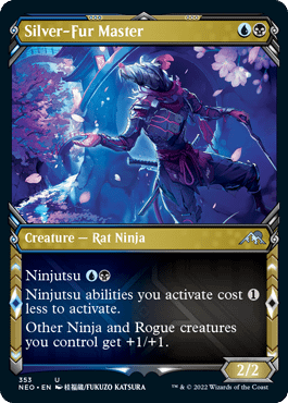 The Ninja showcase version of Silver-Fur Master, a new creature card from Kamigawa: Neon Dynasty, the next upcoming expansion set for Magic: The Gathering.