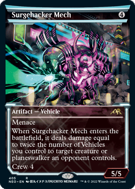 The softglow showcase version of Surgehacker Mech, a new artifact card from Kamigawa: Neon Dynasty, the next upcoming expansion set for Magic: The Gathering.