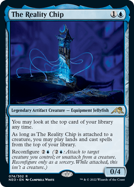 The Reality Chip, a new legendary artifact creature from Kamigawa: Neon Dynasty, the next upcoming expansion set for Magic: The Gathering.