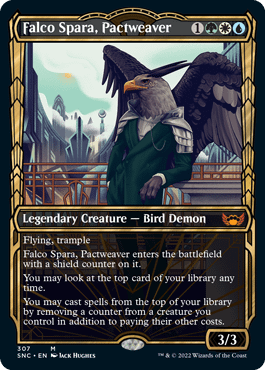 The showcase version of Falco Spara, Pactweaver, a new legendary creature card from Streets of New Capenna, the upcoming expansion set for Magic: The Gathering.
