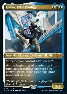 A render of the etched foil stand-in for Kotori, Pilot Prodigy from the Commander decks for Kamigawa: Neon Dynasty, a set for Magic: The Gathering.