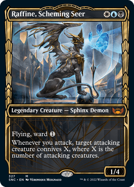 The showcase version of Raffine, Scheming Seer, a new legendary creature card from Streets of New Capenna, the upcoming expansion set for Magic: The Gathering.