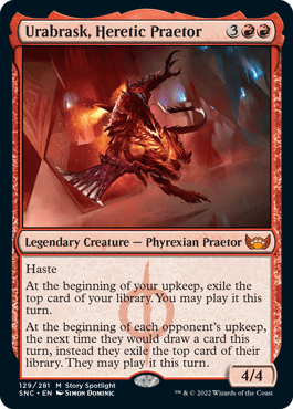 Urabrask, Heretic Praetor, a new legendary creature card from Streets of New Capenna, the next expansion set for Magic: The Gathering.