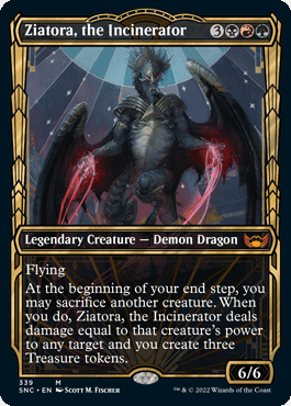 The showcase version of Ziatora, the Incinerator, a new legendary creature card from Streets of New Capenna, the next expansion set for Magic: The Gathering.
