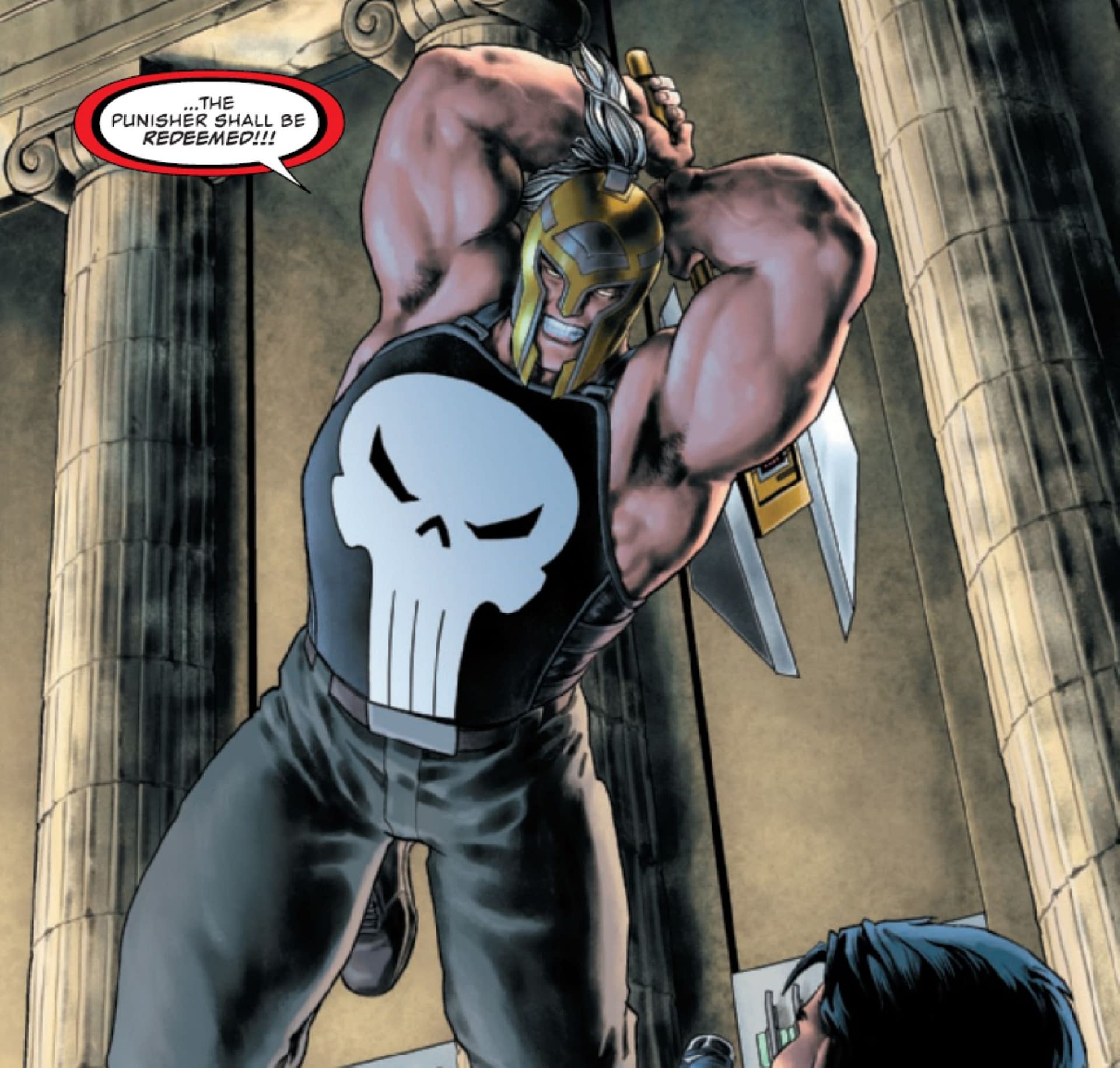 Marvel did NOT abandon the Punisher skull. Frank merely changed his costume  to reflect his different state of mind in this story. Here is Ares (in the  original skull) mourning the Frank