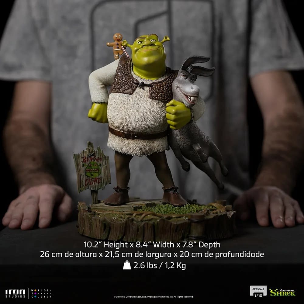 bronze statue of Shrek movie still, cinematic