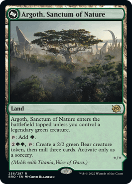 Argoth, Sanctum of Nature, a new card from The Brothers' War, the next upcoming expansion set for Magic: The Gathering, out November 18th, 2022.