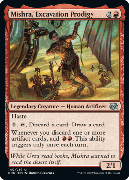 Mishra, Excavation Prodigy, a new card from The Brothers' War, the next upcoming expansion set for Magic: The Gathering, out November 18th, 2022.