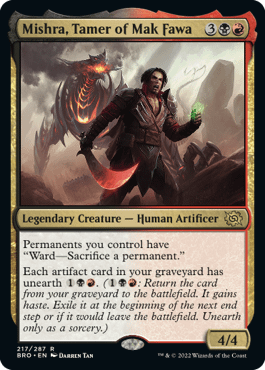 Mishra, Tamer of Mak Fawa, a new card from The Brothers' War, the next upcoming expansion set for Magic: The Gathering, out November 18th, 2022.