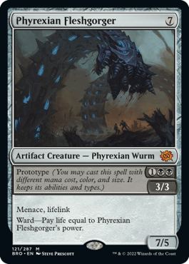 Phyrexian Fleshgorger, a new card from The Brothers' War, the next upcoming expansion set for Magic: The Gathering, out November 18th, 2022.