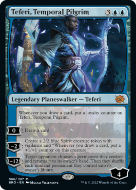 Teferi, Temporal Pilgrim, a new card from The Brothers' War, the next upcoming expansion set for Magic: The Gathering, out November 18th, 2022.