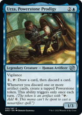 Urza, Powerstone Prodigy, a new card from The Brothers' War, the next upcoming expansion set for Magic: The Gathering, out November 18th, 2022.