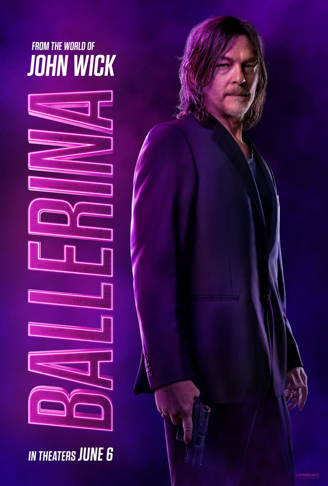 A promotional illustration for the movie 'Ballerina' from the John Wick universe, featuring a man in a black suit holding a gun and standing against a purple and black background, with the title 'BALLERINA' and the release date 'IN THEATERS JUNE 6' displayed prominently.