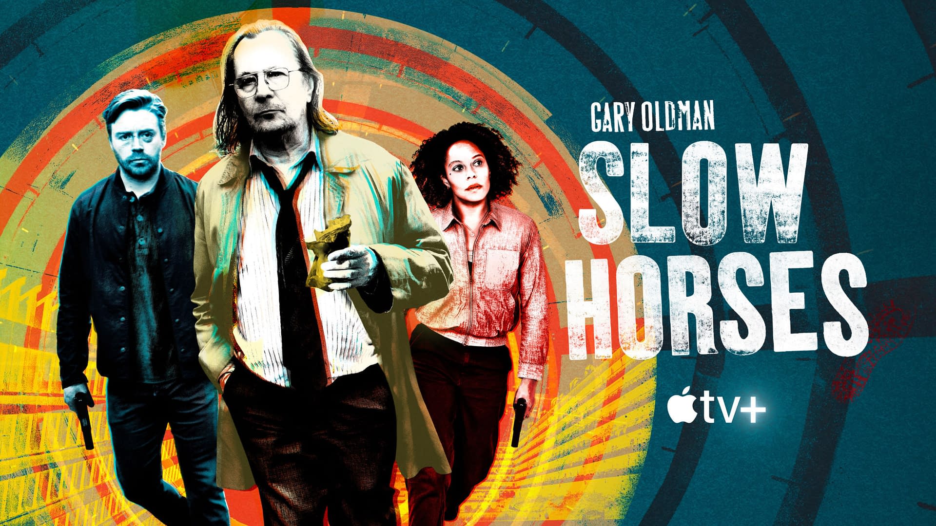 A stylized promotional graphic for the TV series Slow Horses featuring Gary Oldman, Jack Lowden and Rosalind Eleazar.